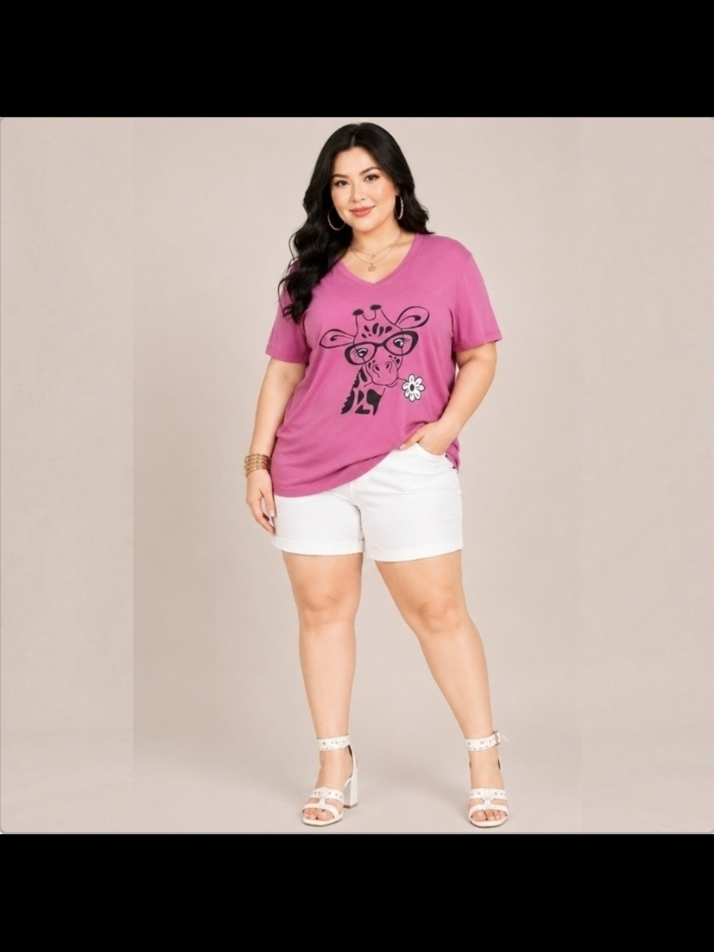 Shein Curve | Cute Giraffe Graphic V-Neck Tee | 1XL | Y2K Casual